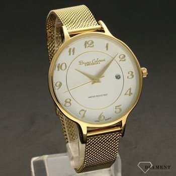 Zegarek damski BRUNO CALVANI BC3097 złoty. Zegarek damski zachowany w klasycznym złotej kolorystyce z piękną białą tarczą. Tarcza zegarka ozdobiona złotymi cyframi arabskimi i wskazówkam (2).jpg